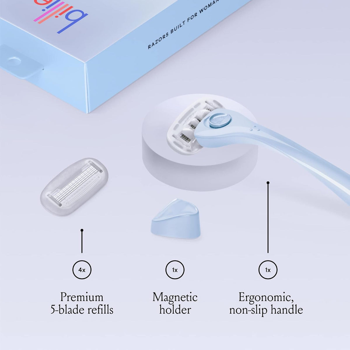 Billie Razors for Women, Cool Blue - 1 Handle, 4 Refills & Magnetic Holder