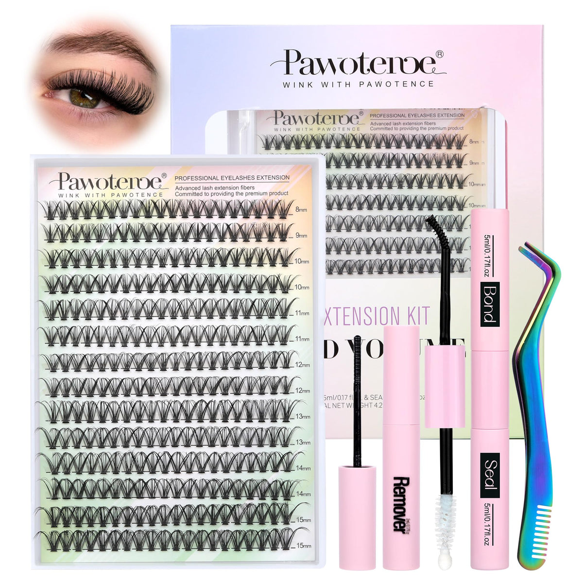 Pawotence Lash Extension Kit DIY 280pcs Lash Clusters Eyelash Extension Kit, 9-16mm 30D 40D Individual Lashes Kit with Lash Bond and Seal, Lash Tweezers for Self Use (30D&40D, 0.07D, 9-16mm, Kit)