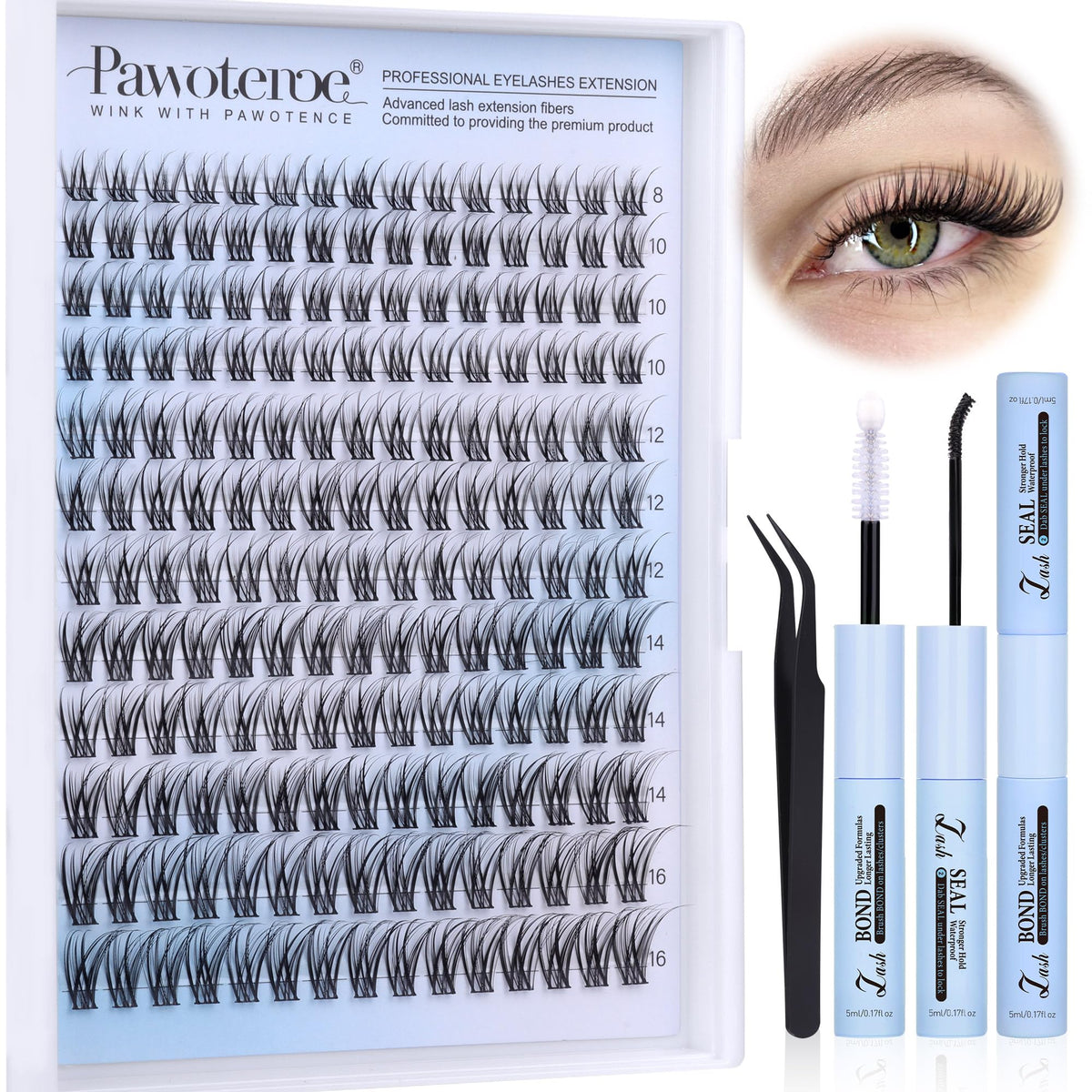 Pawotence Lash Extension Kit DIY 280pcs Lash Clusters Eyelash Extension Kit, 9-16mm 30D 40D Individual Lashes Kit with Lash Bond and Seal, Lash Tweezers for Self Use (30D&40D, 0.07D, 9-16mm, Kit)