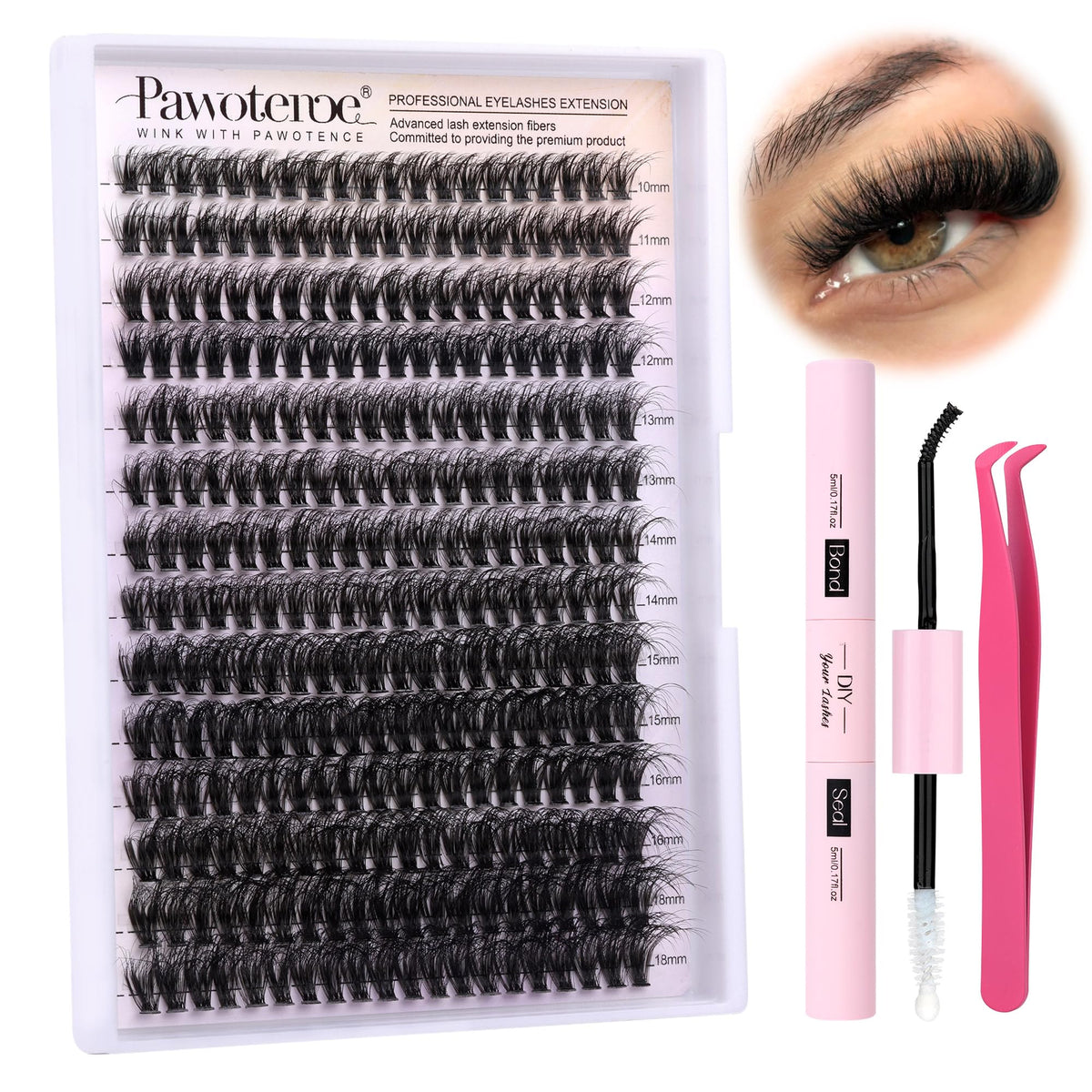 Pawotence Lash Extension Kit DIY 280pcs Lash Clusters Eyelash Extension Kit, 9-16mm 30D 40D Individual Lashes Kit with Lash Bond and Seal, Lash Tweezers for Self Use (30D&40D, 0.07D, 9-16mm, Kit)